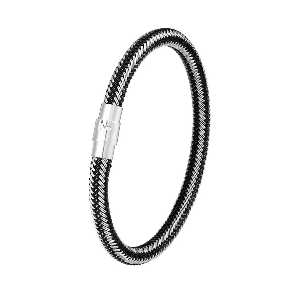 Men's titanium steel geometric wire bracelet with a magnetic clasp shown in various colours.