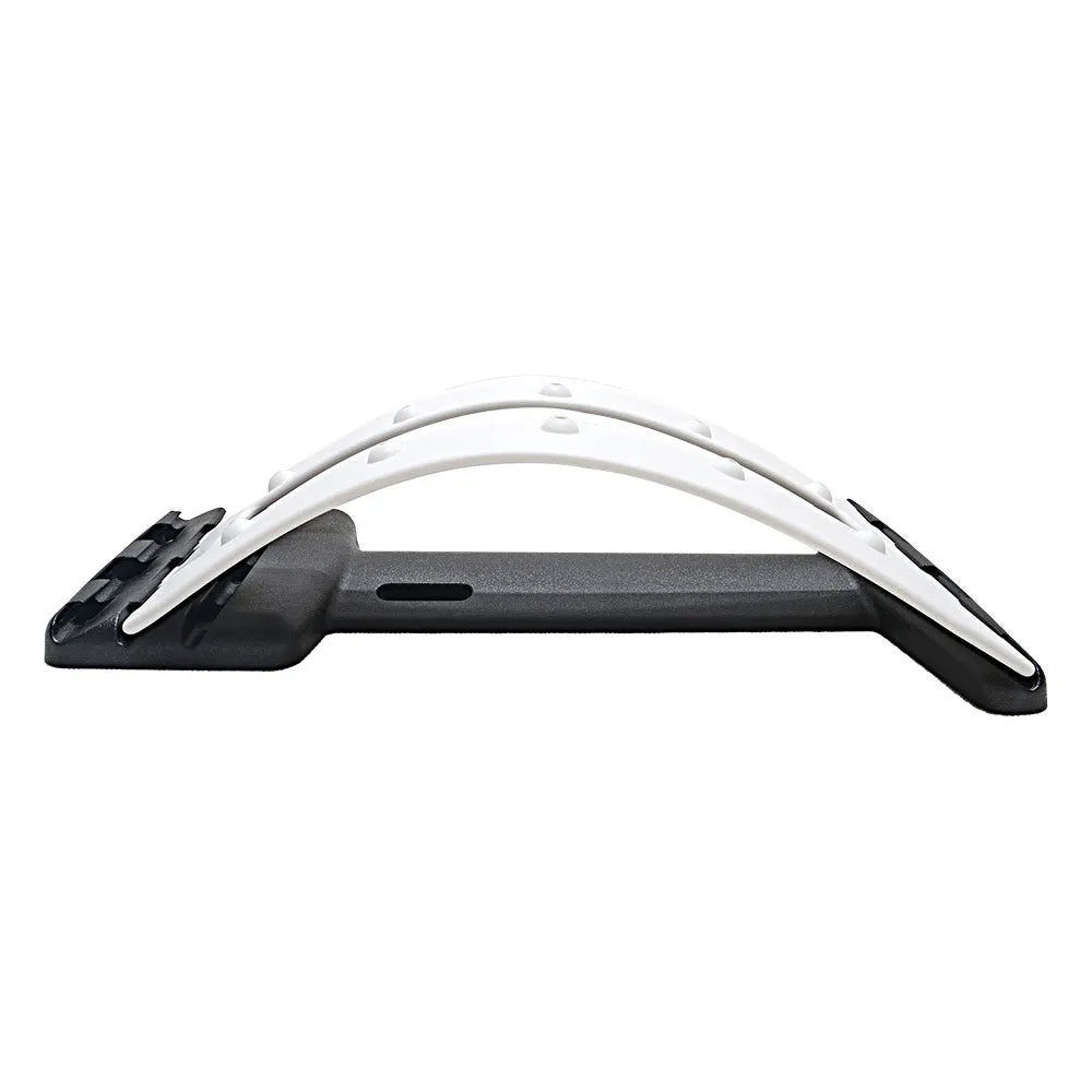 Portable lumbar massage spine stretching support in white and black with massage magnet