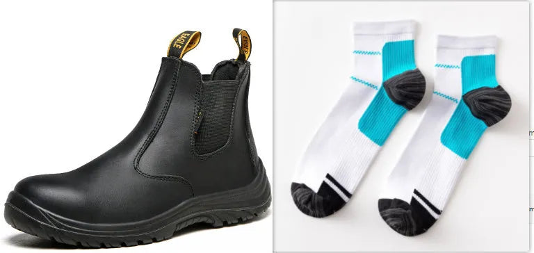 Black leather high-top safety work shoes with anti-piercing protection feature