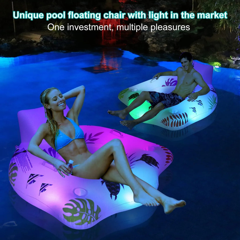 White luminous U-shaped inflatable float on water, showing its seat design and size.
