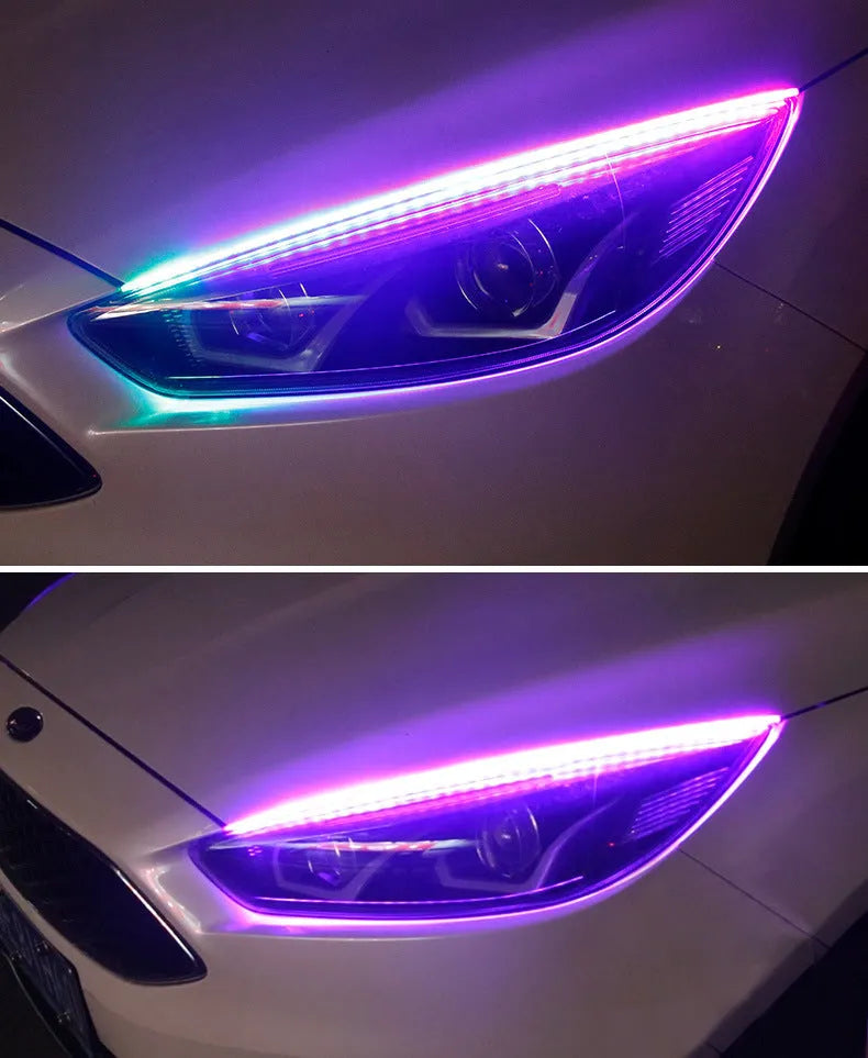 Remote-controlled RGB LED day running lights showing three length options for vehicle installation