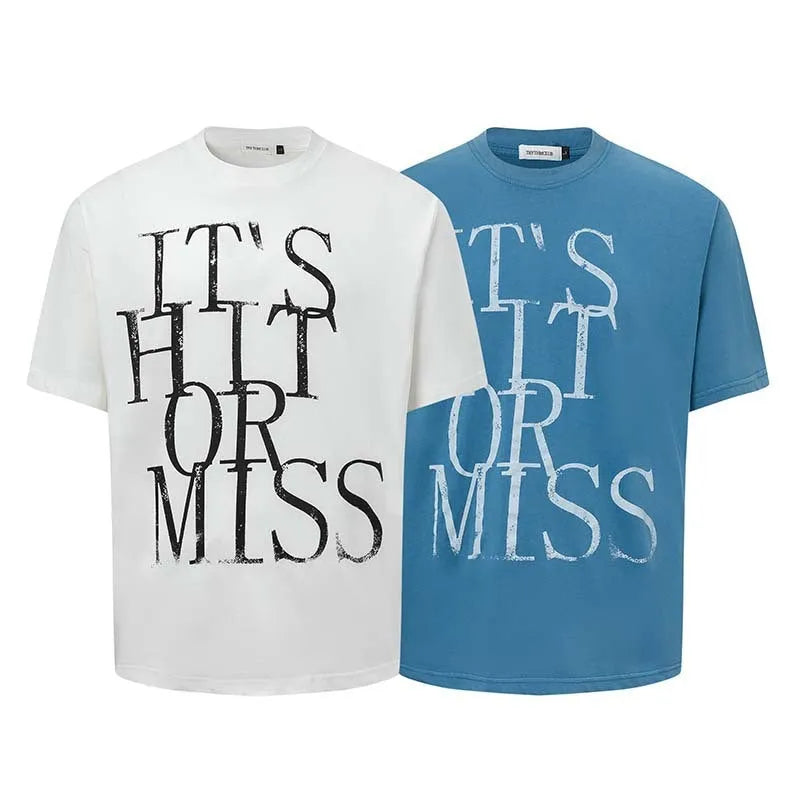 Men's white American retro letter printed cotton blend t-shirt loose fit