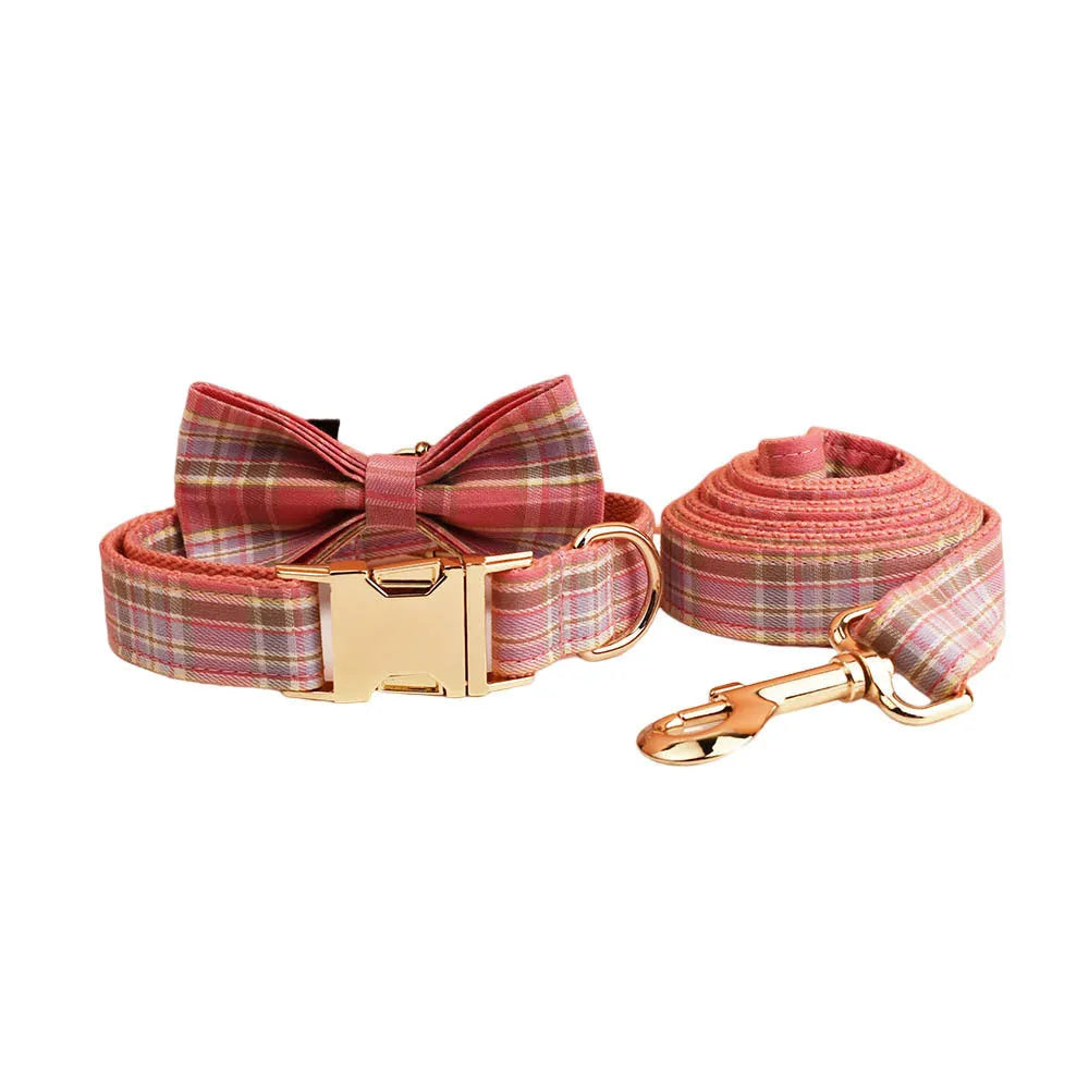 Plaid pattern cloth dog collar and lead set with matching bow and vest for special occasions