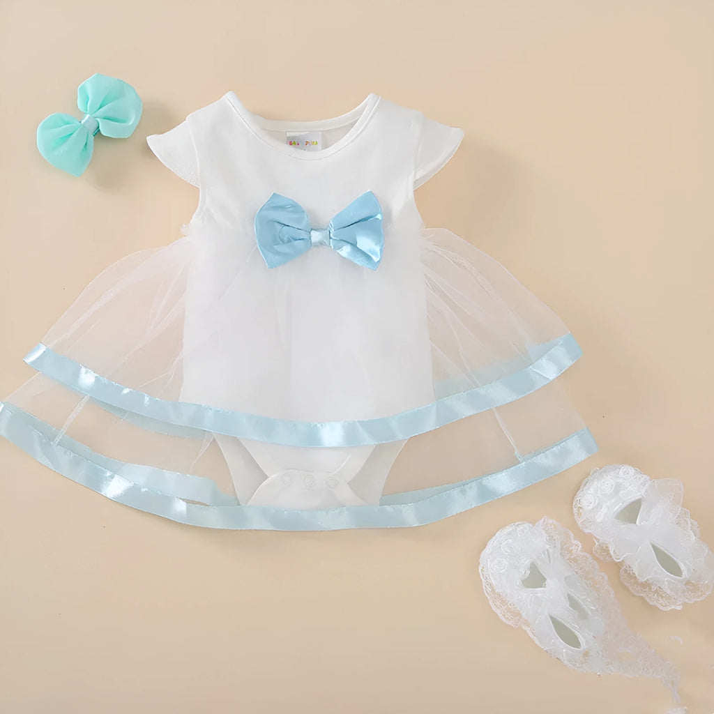 Korean-style red cotton pleated baby dress with matching shoes and large red flower hairband for a baby girl.