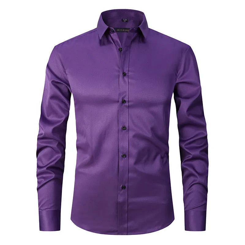 Man wearing a solid-colour stretch long sleeve work shirt made from polyester fabric.
