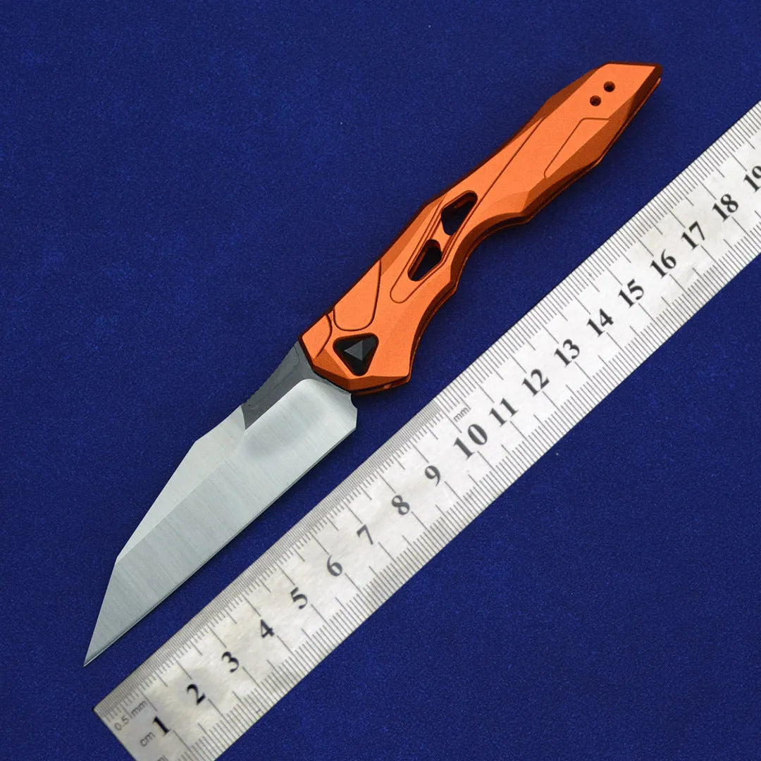 Black folding fruit knife with D2 steel blade and aluminium handle fully extended to 19cm