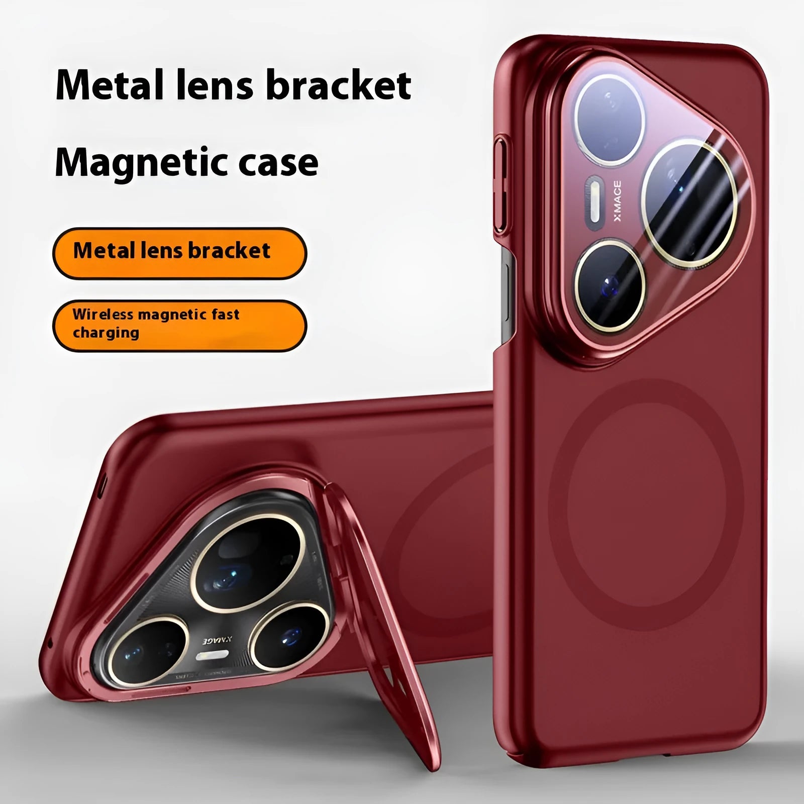 Frosted Huawei P80 series phone case with lens bracket and magnetic features in black, silver and red colours