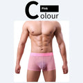 Men's thin invisible boxers in polyester knitting fabric, shown in black, white, sapphire blue, skin tone, green and pink colours.