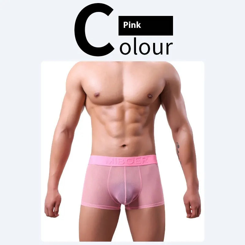 Men's thin invisible boxers in polyester knitting fabric, shown in black, white, sapphire blue, skin tone, green and pink colours.