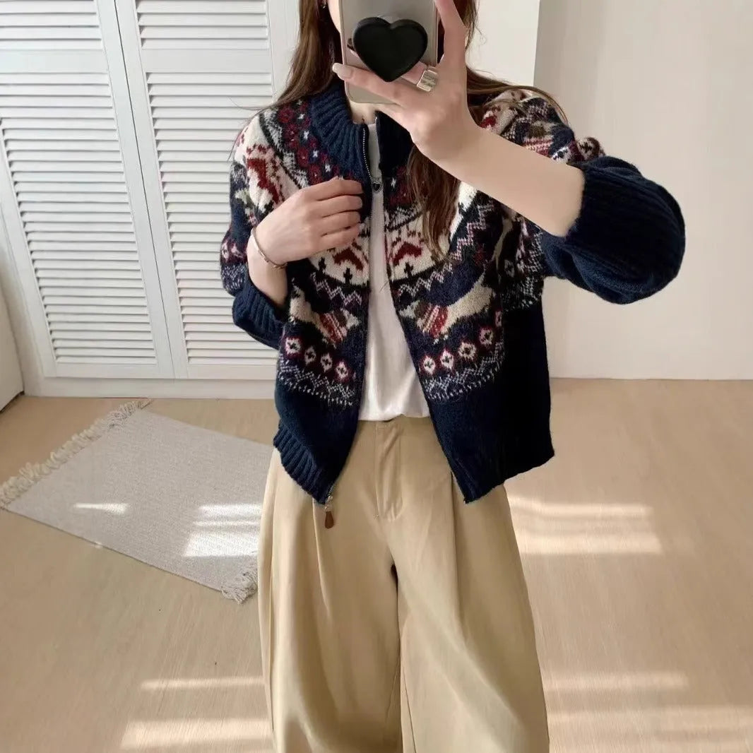 Beige apricot ethnic style jacquard pullover sweater with a 3D pattern and loose fit.