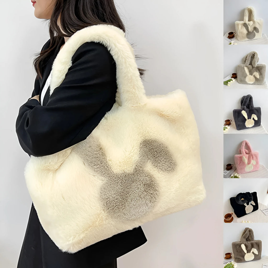 Cartoon rabbit ears plush shoulder shopping bag in solid colour with large capacity