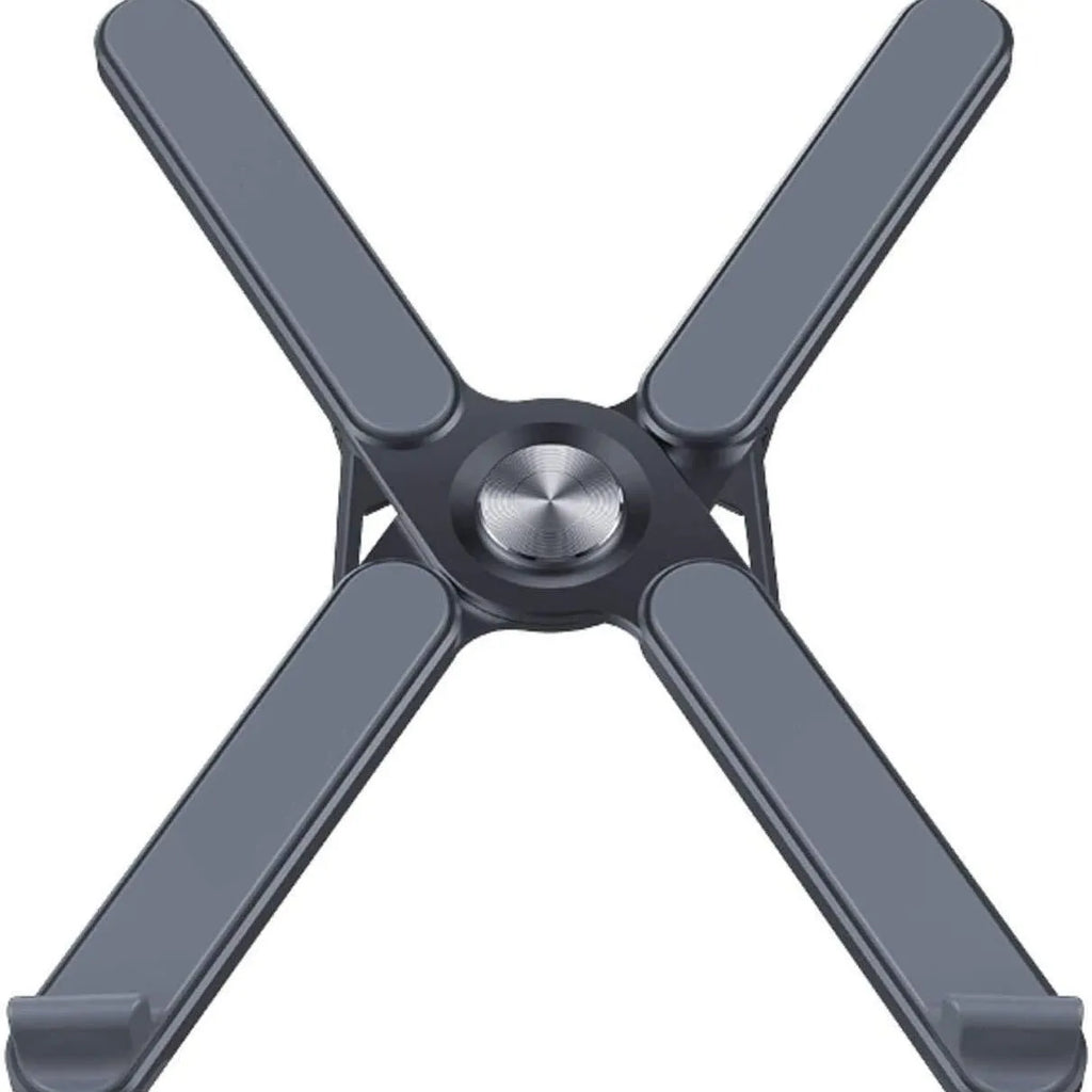 Foldable aluminium alloy laptop bracket in silver raised on a desk surface