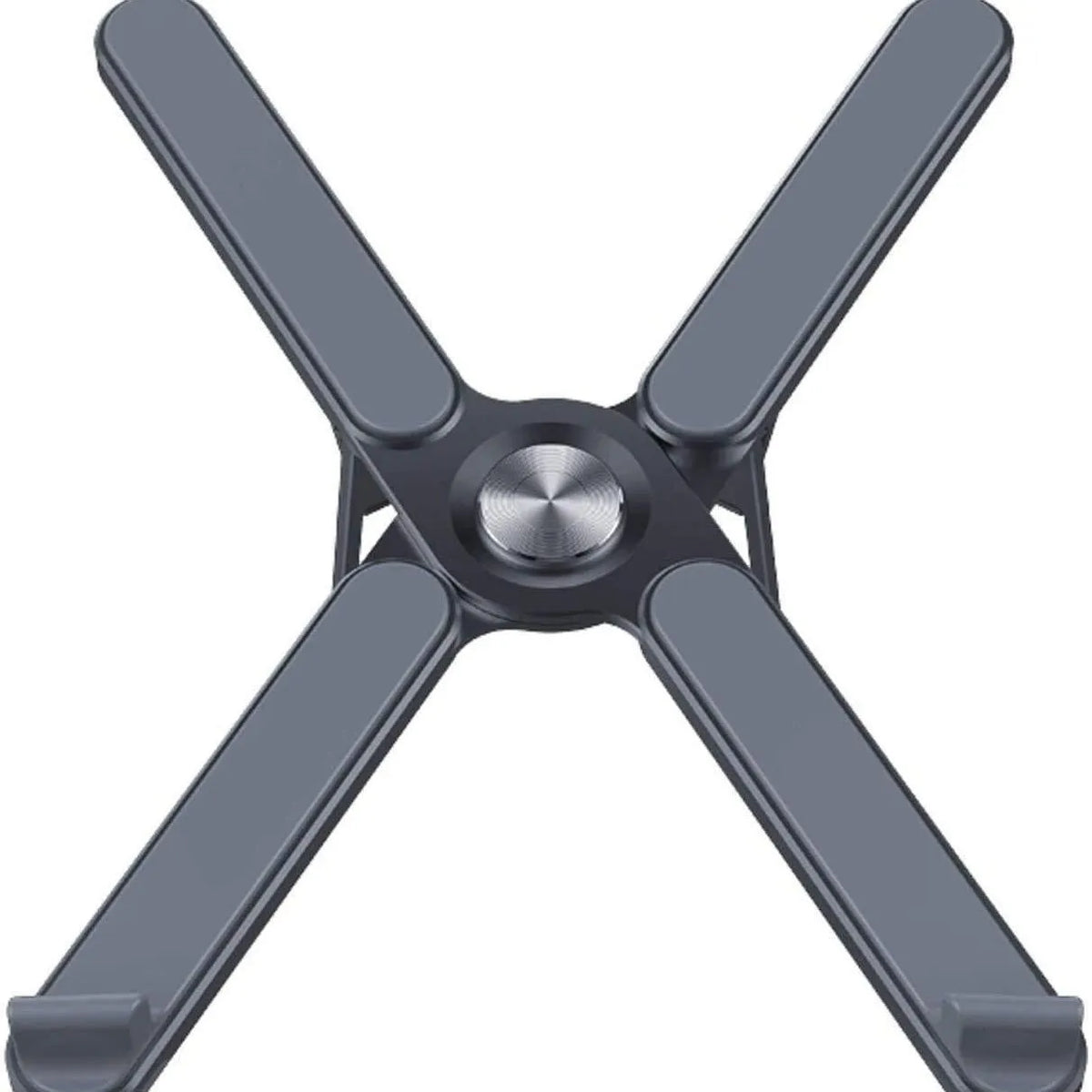 Foldable aluminium alloy laptop bracket in silver raised on a desk surface