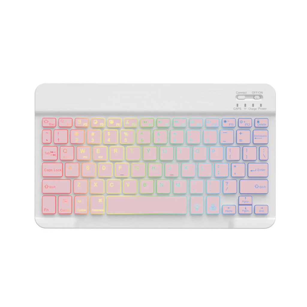 Compact 10-inch black Bluetooth keyboard with colourful LED backlight, shown next to a tablet.