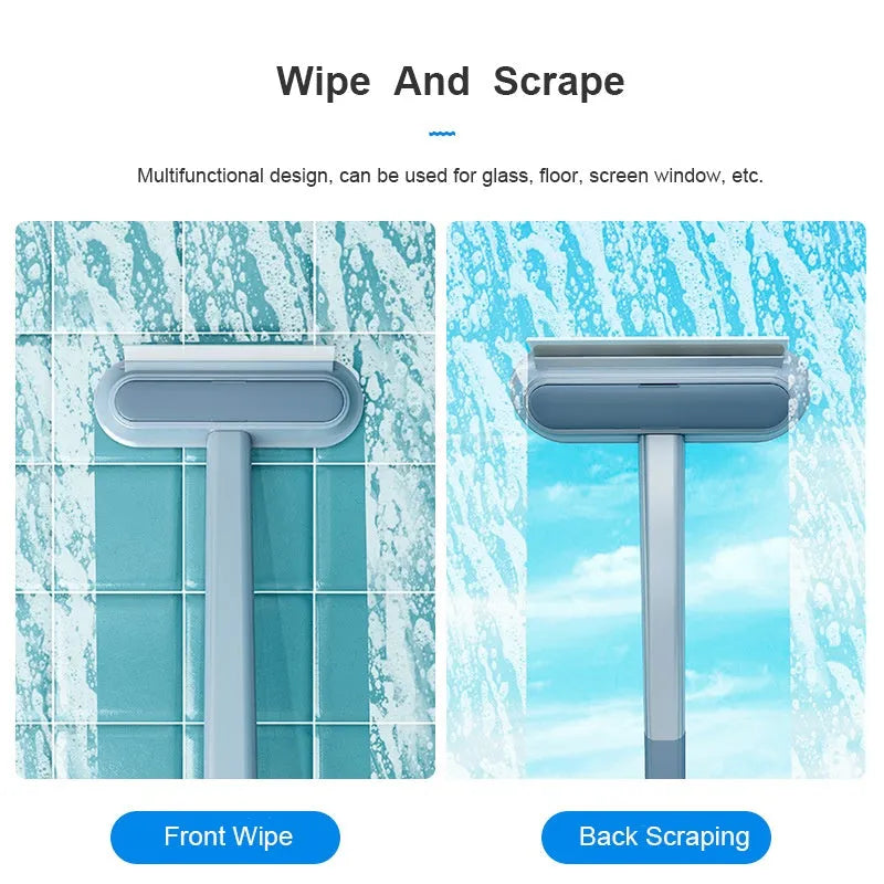 Multifunctional hair removal and window screen cleaning brush with blue flannel head and white plastic handle.