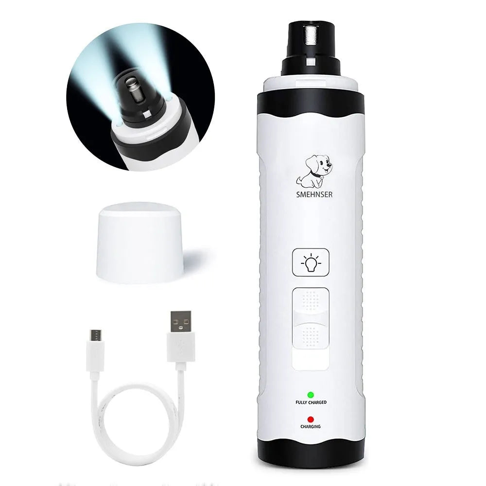 3-speed LED electric dog nail trimmer grinder with dust collection compartment and display.