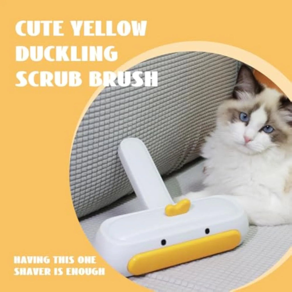White portable pet hair remover with yellow duck cartoon design for removing fur from furniture and car seats