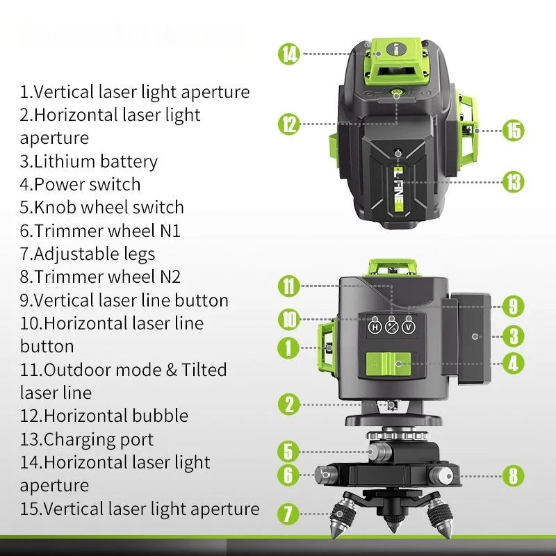 Green 16-line 3D self-leveling laser level unit with compact nylon and aluminium body