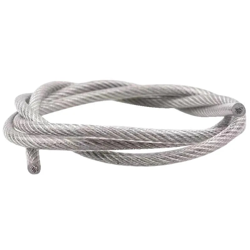 Coiled 304 stainless steel security wire rope with multiple diameter options on a white background.