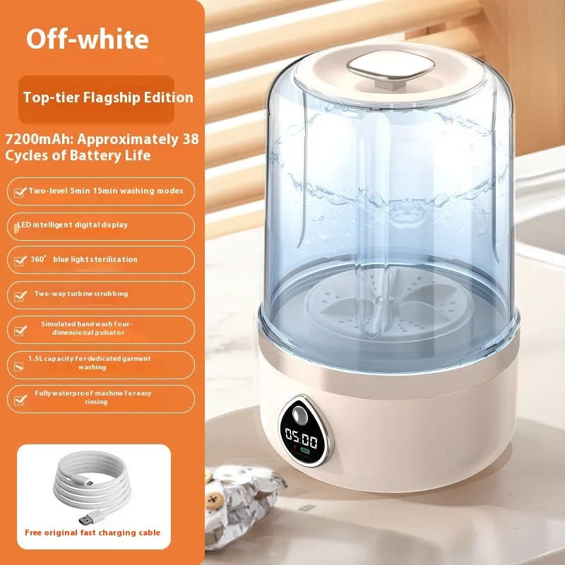 White portable mini washing machine with USB cable on a countertop.