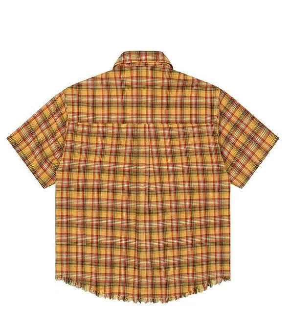Yellow grid plaid short sleeve shirt with embroidery chest pocket, loose fit design