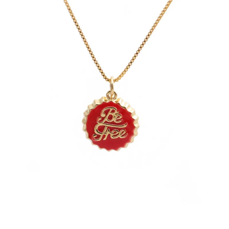 Copper bottle cap pendant necklace with gold electroplating on a 40cm box chain.