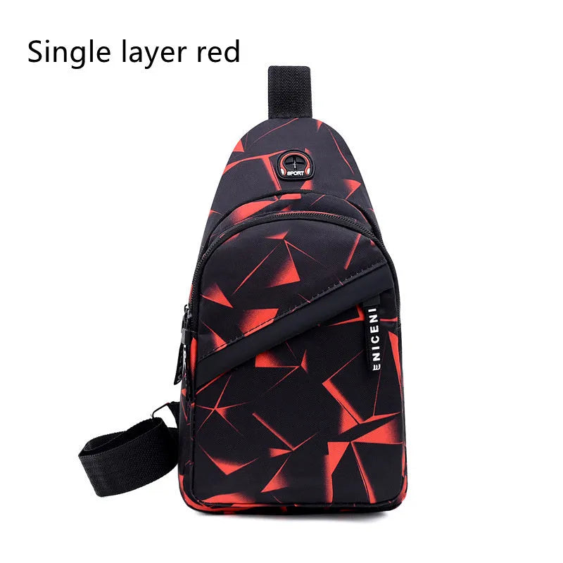 Blue Oxford cloth crossbody chest bag for men with an earphone hole and zipper.