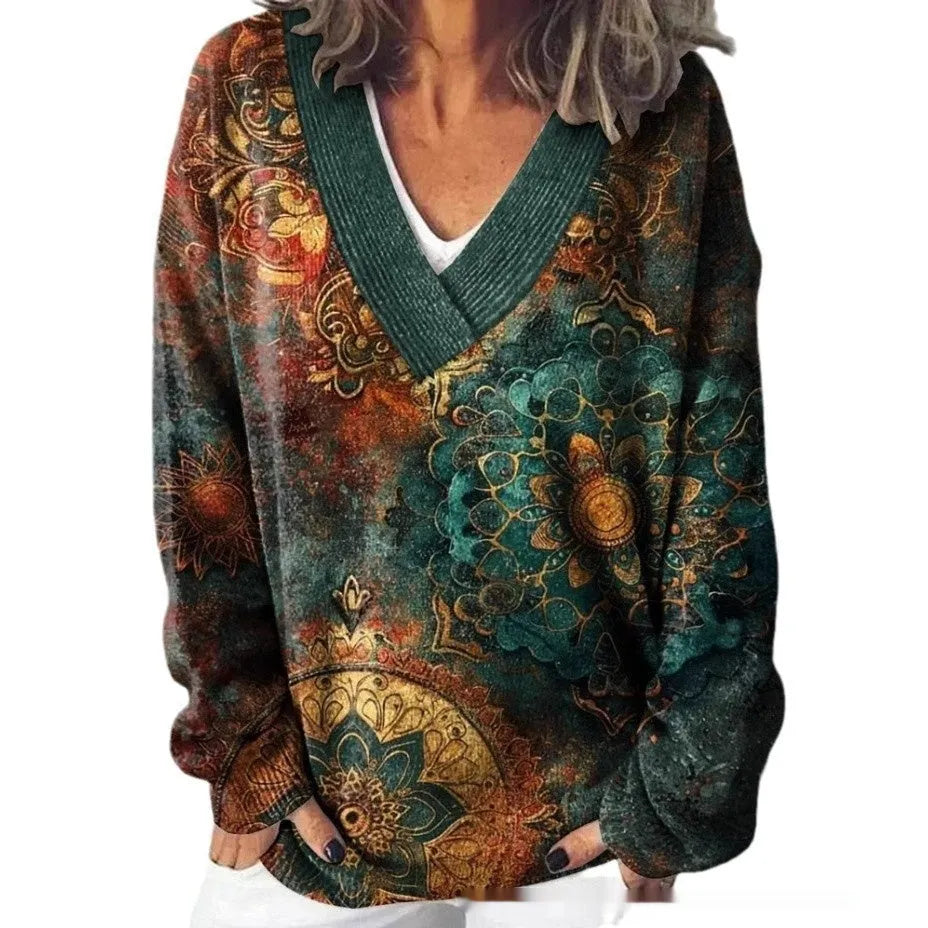 Women's retro V-neck sweatshirt with a detailed 3D floral pattern print in a choice of colours.
