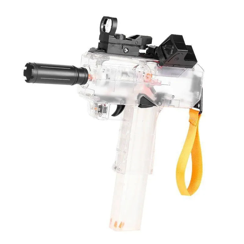 Transparent blue electric water gun toy with accessories on a white background.