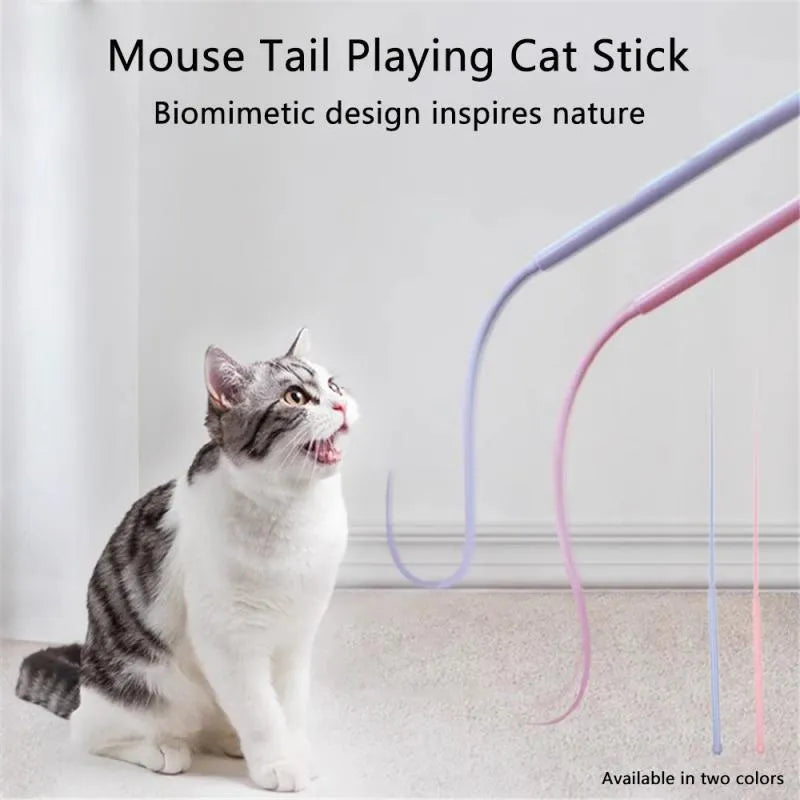 Simulated mouse tail cat toy with blue silicone tail and cat head handle for interactive play