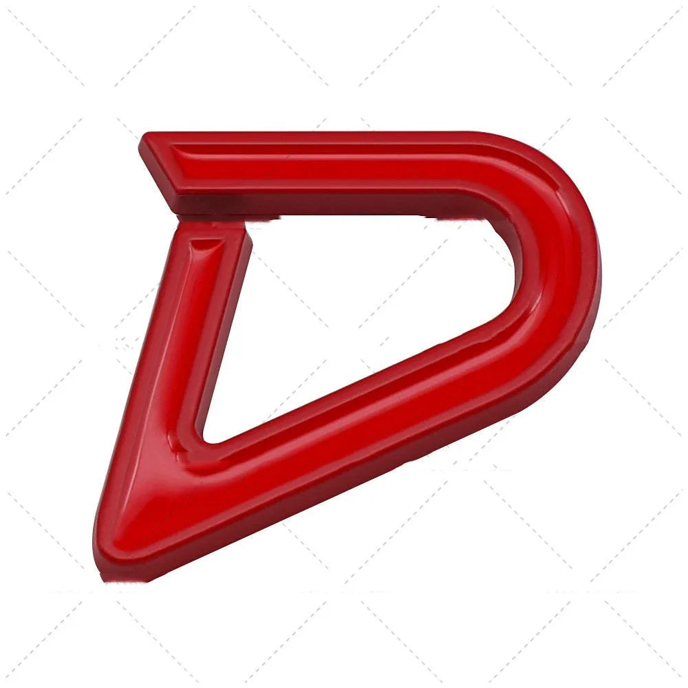 Metal car bumper stickers showing SD, D, and S patterns in red and black or red and silver colour combinations