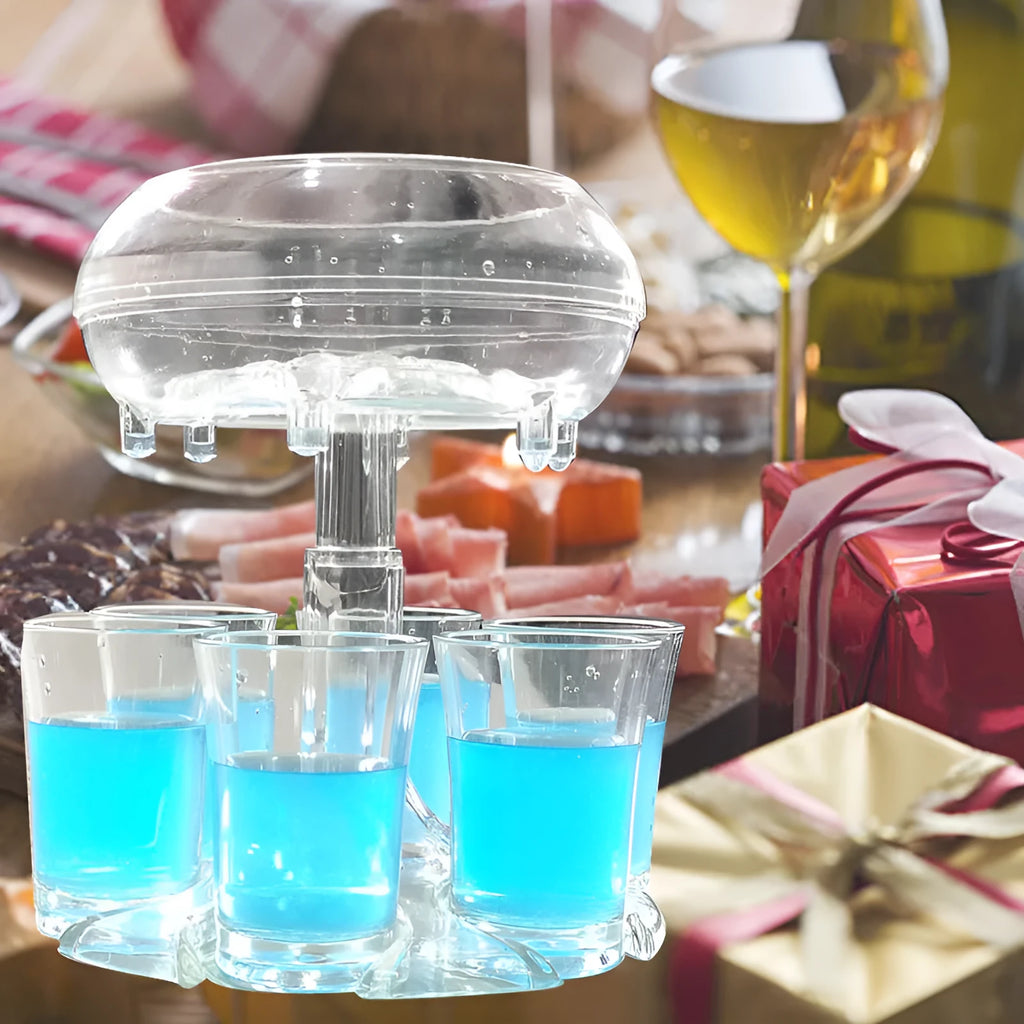 Clear PMMA 6-shot glass dispenser rack holding six shot glasses, a bar accessory for parties.