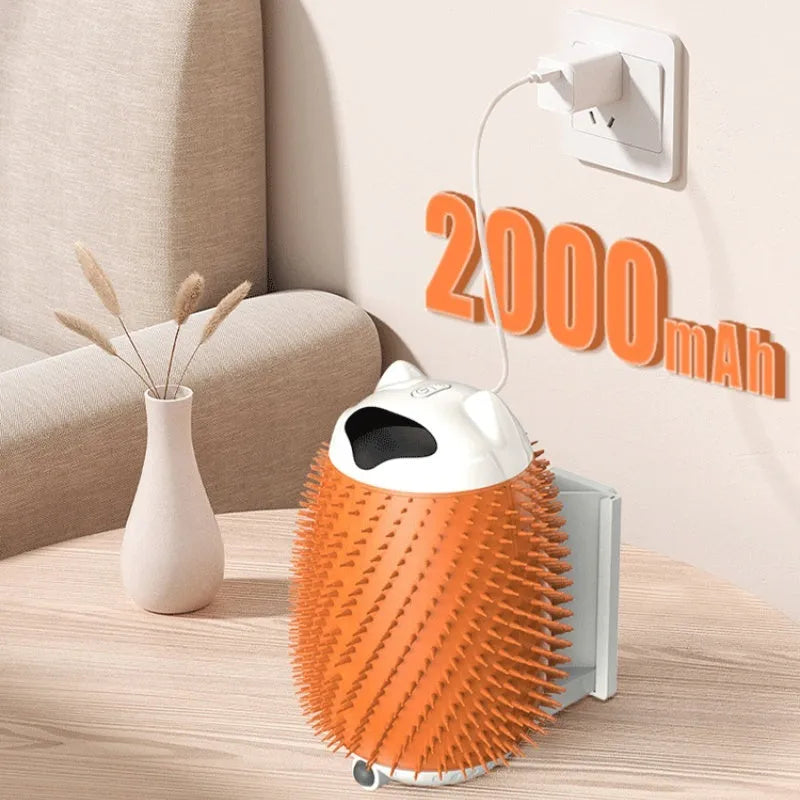 Salmon pink intelligent sensor automatic cat hair brush and massager toy on a plain background