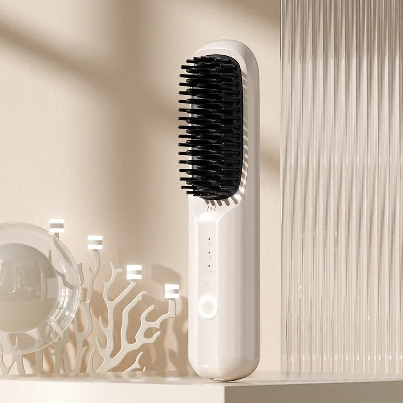 Wireless anion straightening comb in beige, pink, purple, or black colours with Type-C charging port.