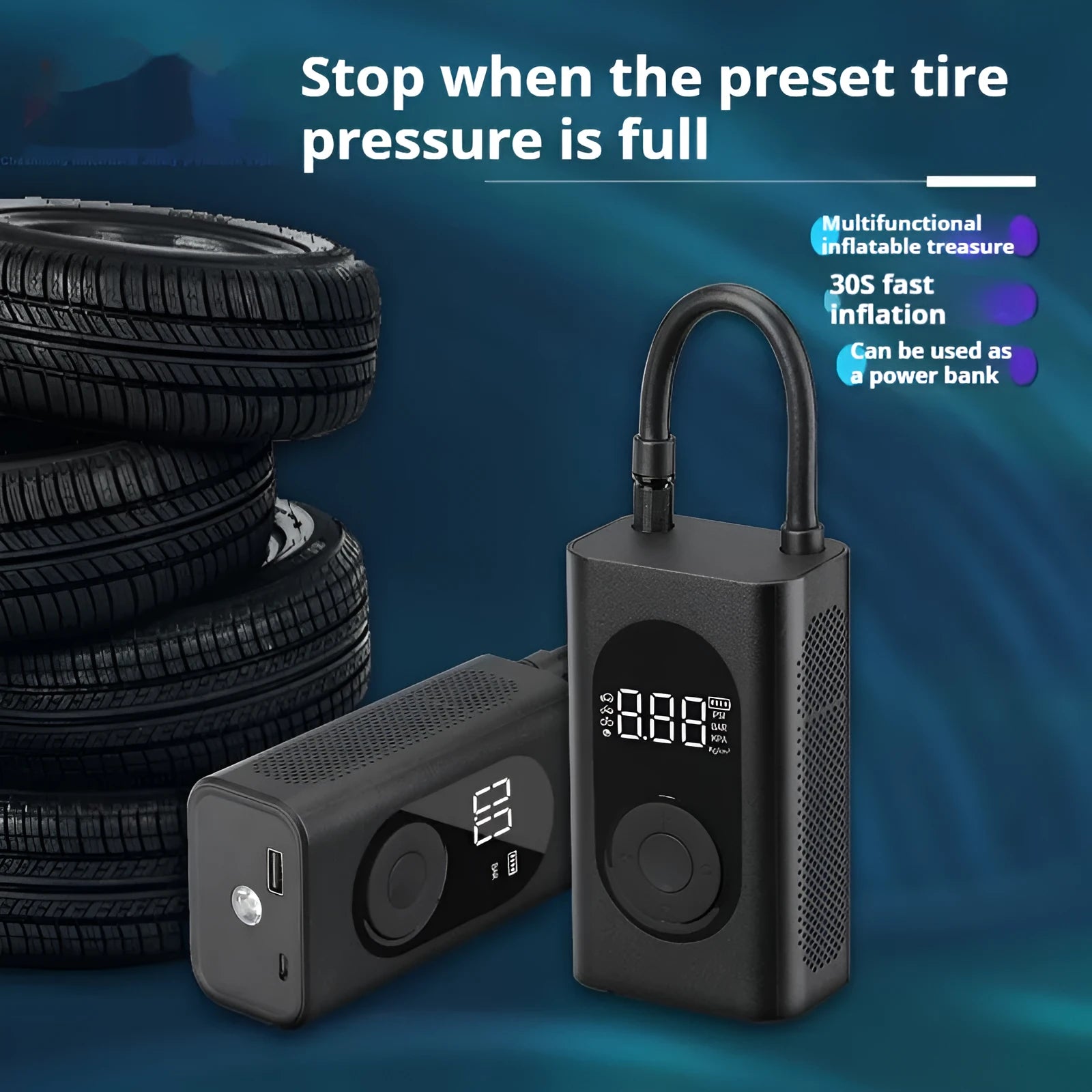 Portable handheld tyre inflator pump with digital display, USB cable, power bank, and built-in torch