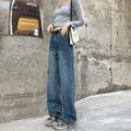Women's retro blue high waist straight leg jeans on a hanger, showing the classic denim cut.
