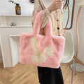 Cartoon rabbit ears plush shoulder shopping bag in solid colour with large capacity