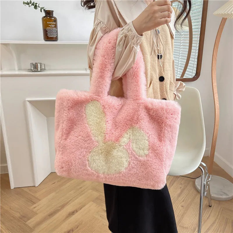 Cartoon rabbit ears plush shoulder shopping bag in solid colour with large capacity