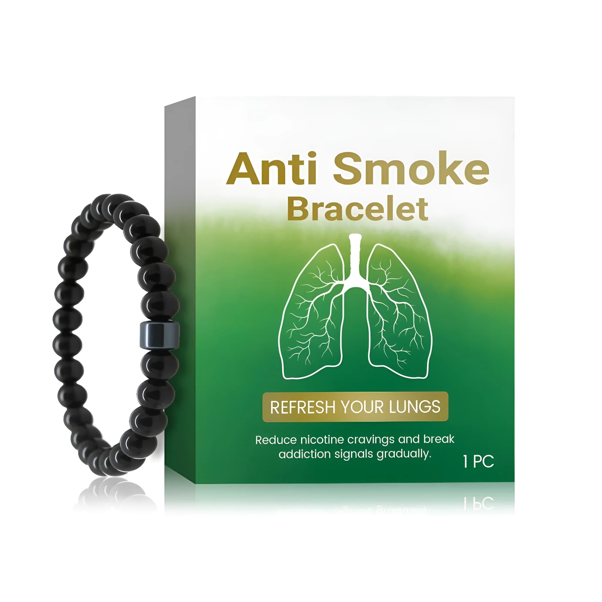 Men's glass and black gallstone smoke prevention bracelet on wrist showing bead construction