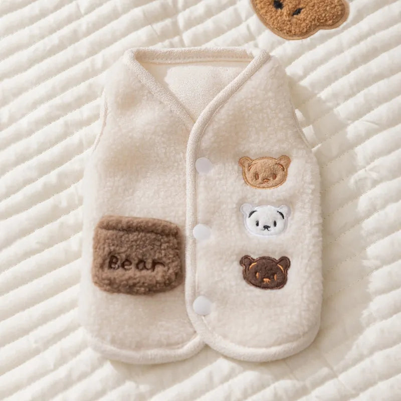 Brown fleece dog jacket with beige white and brown bear embroidery on side, side-button closure, small embroidered pocket, for small breeds