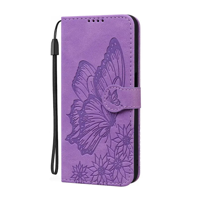 Retro big bowknot embossed leather phone case in purple with built-in bracket for iPhone and Samsung models