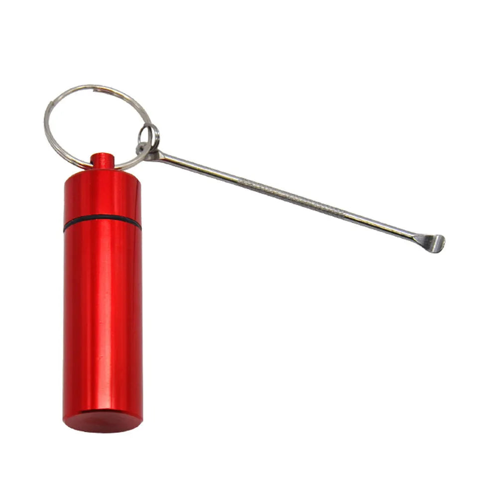 Aluminium portable pill storage bottle with keychain loop in one of five colour options: black, blue, gold, green, or red.