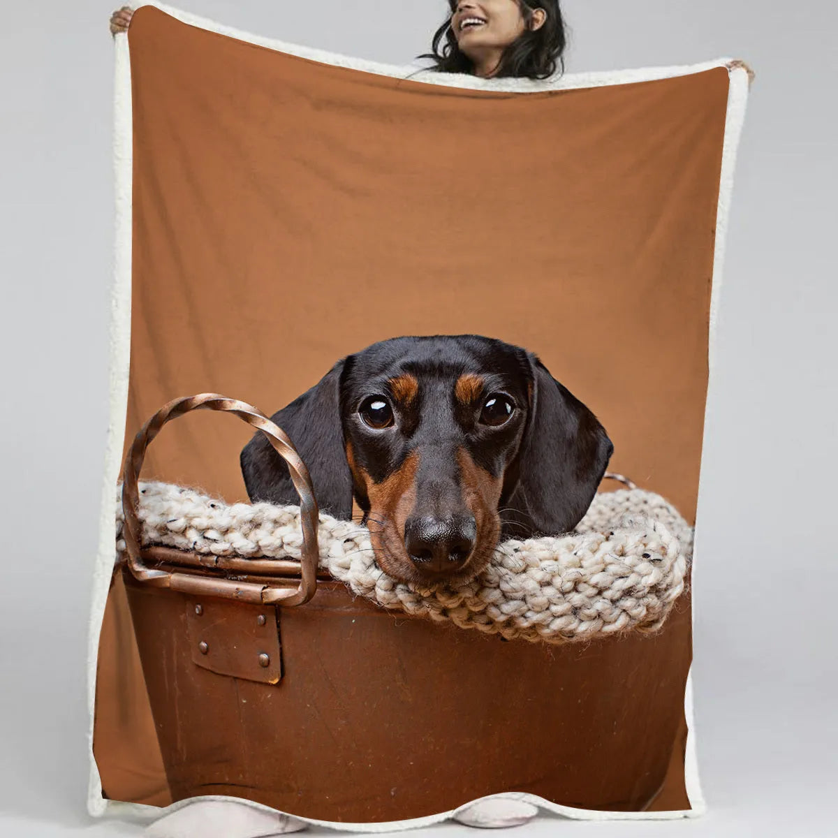 Brown sausage dog themed Sherpa fleece and lamb wool blanket in 130x150cm or 150x200cm size