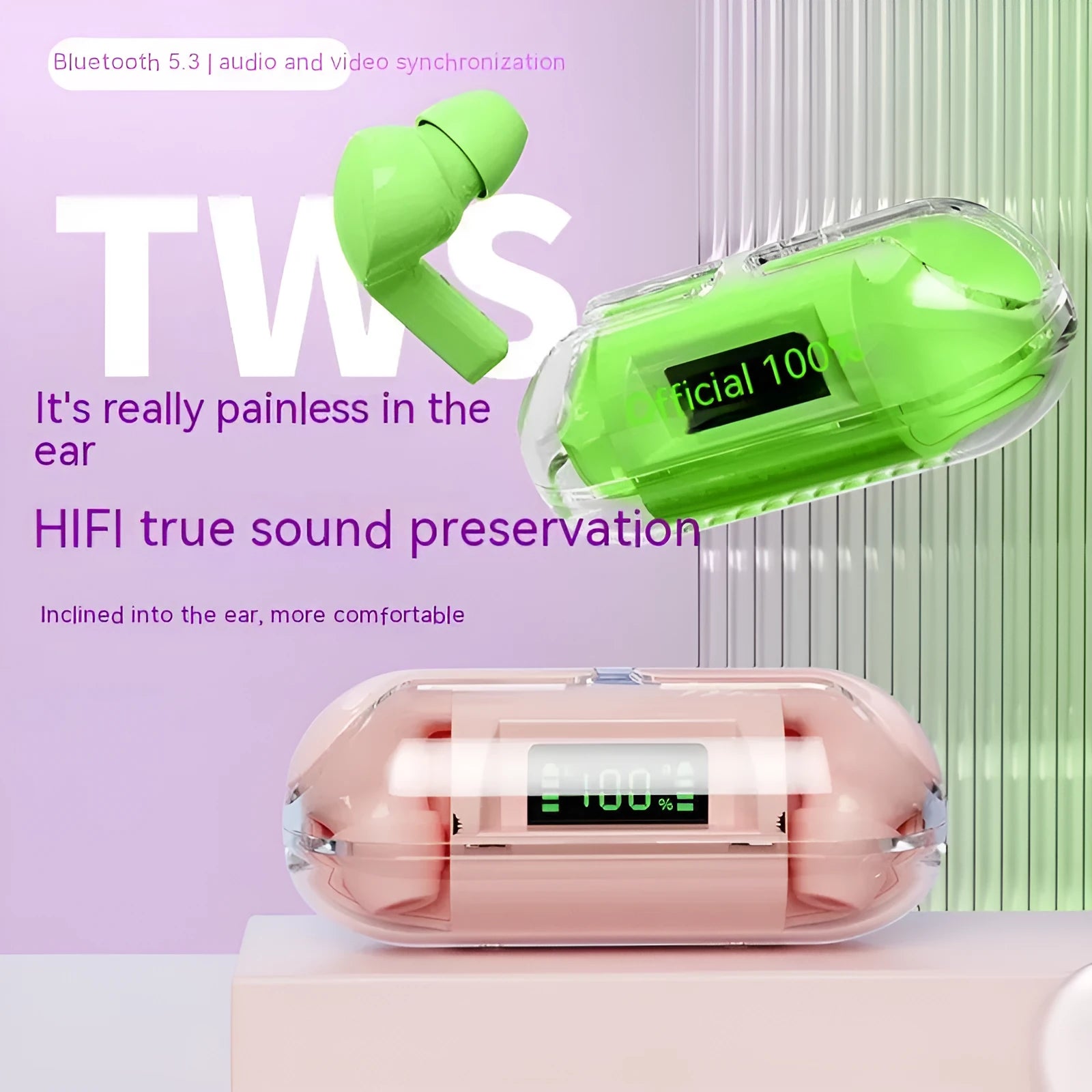 Transparent wireless Bluetooth headset and charging case with digital LED display