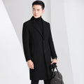 Men's slim-fit Korean-style mid-length wool coat in solid colour with side seam pockets, straight hem, black option