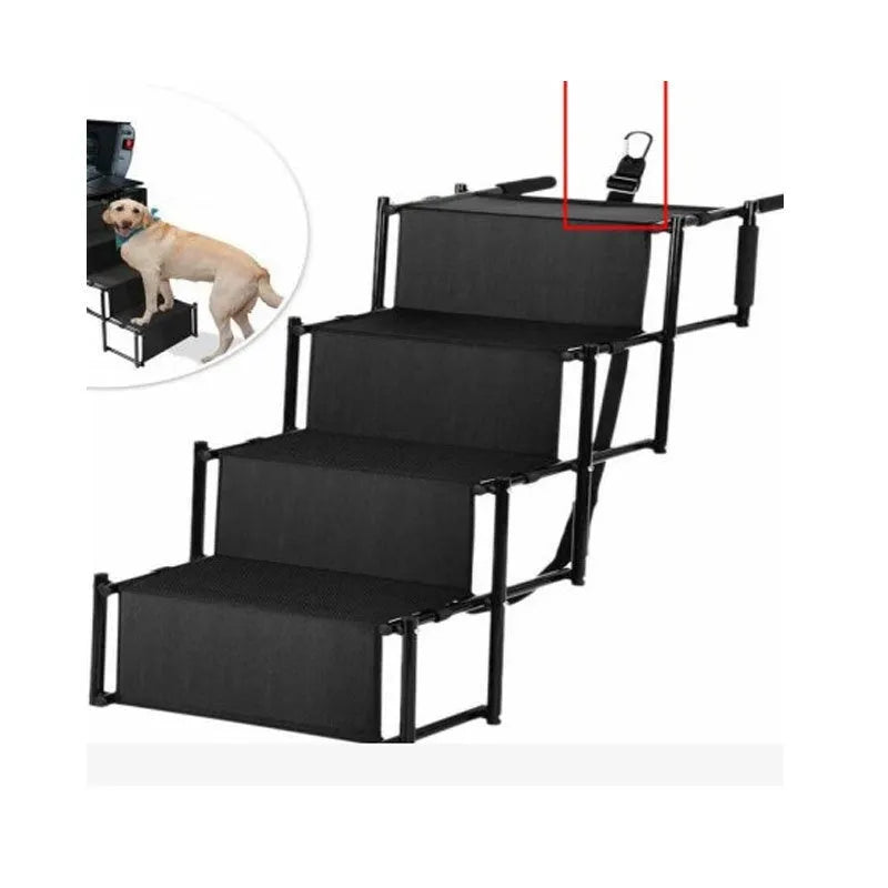 Folding stainless steel dog car ladder in navy blue colour showing extended position
