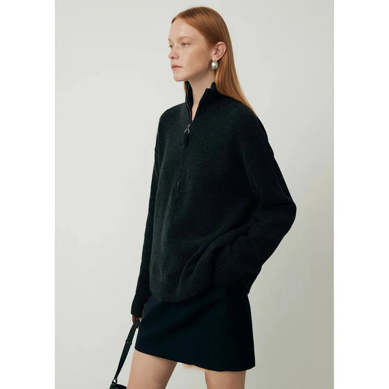 Black and grey loose lapel wool bandage dress with long sleeves for autumn