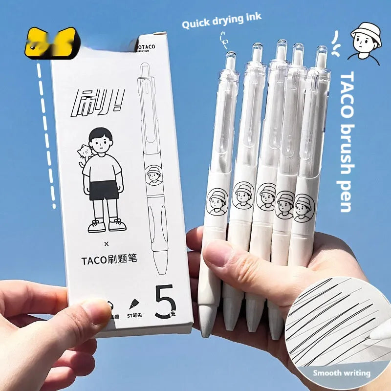 Five white plastic ballpoint pens with 0.5mm black gel ink tips from the Taco series.
