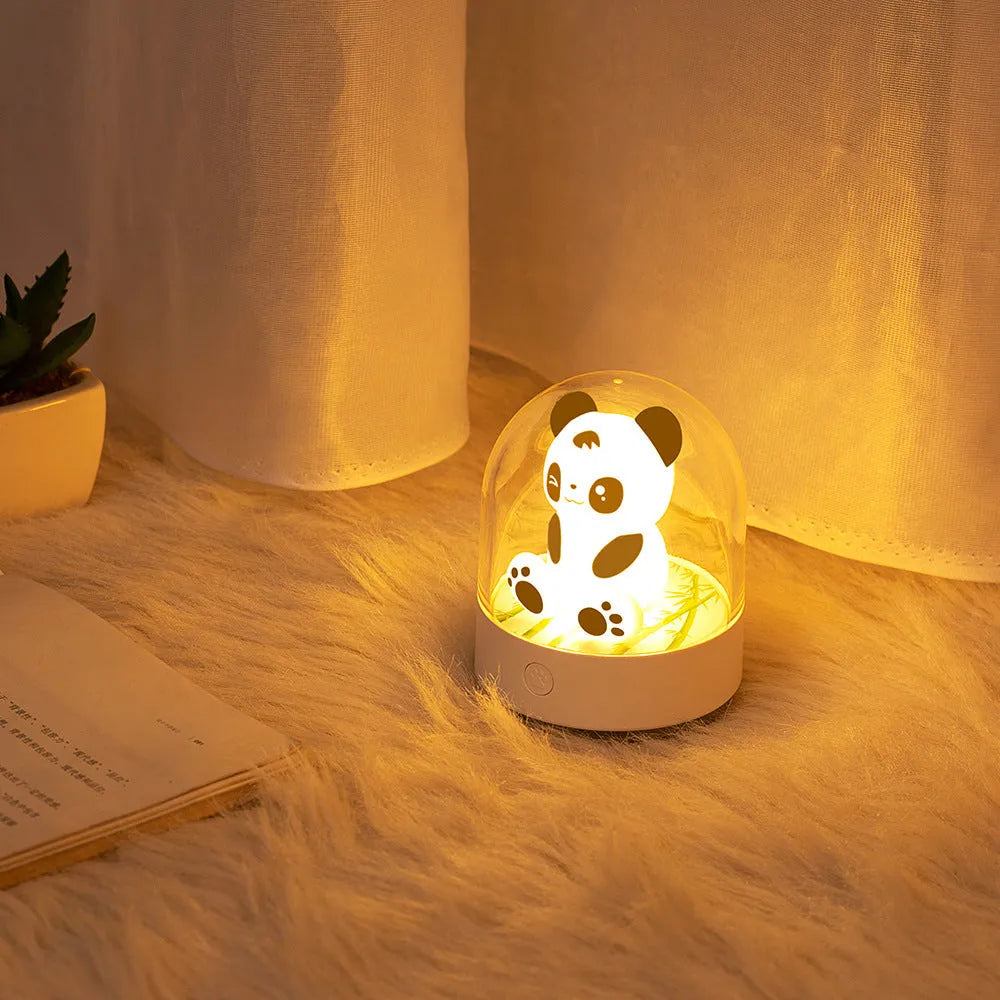 3D panda car bedside night light with USB charging, four colour LEDs, and aromatherapy cotton in pink and white