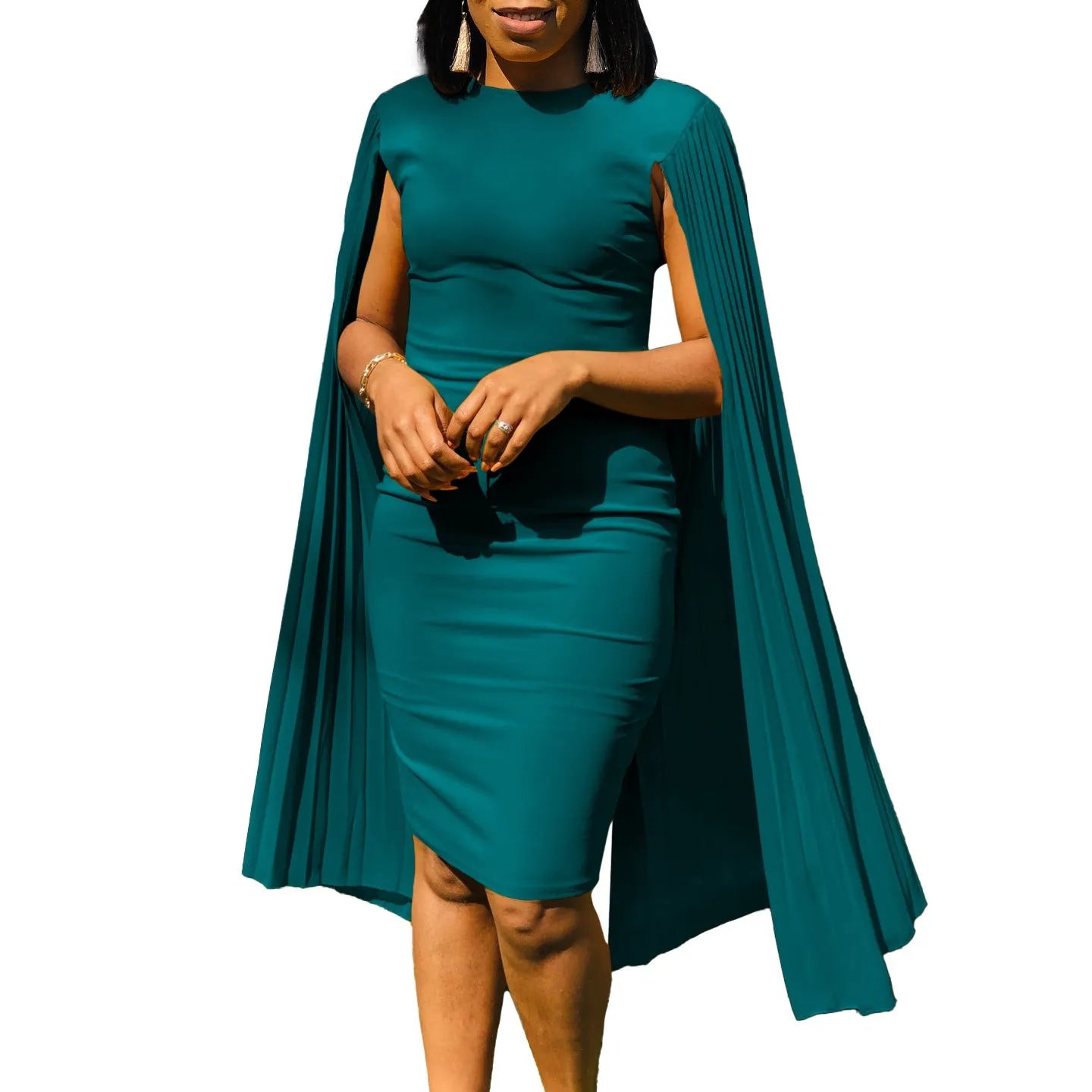 Long sleeve high waist pleated evening gown in yellow, orange, red, or green.